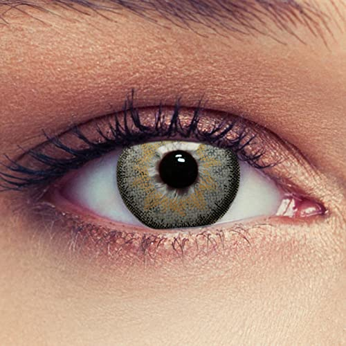 DESIGNLENSES, graue farbige Kontaktlinsen mit Stärke für einen natürlichen Effekt, 1 Paar (2St), Monatslinsen geeignet für dunkle Augen + Gratis Behälter -5,00 Dimension Grey