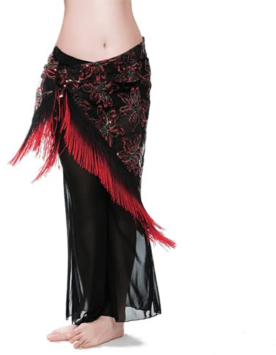 ROYAL SMEELA Women's Dual color Tassel Belly Dance Hip scarf, Red, One szie