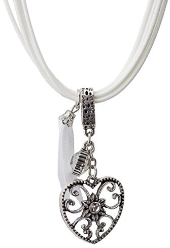 Collana tradizionale con ciondolo a forma di cuore alpino, elegante e scintillante, con strass, gioiello per costume tradizionale bavarese e pantaloni in pelle e metallo e strass., colore: bianco,