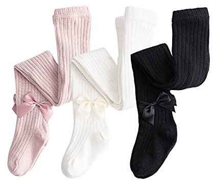 Dsaren 3 Paires Collants Coton Fille Respirant Thermiques Chaussettes Tricotées Jambières Bébé (blanc, noir, rose, M (1-2 ans))