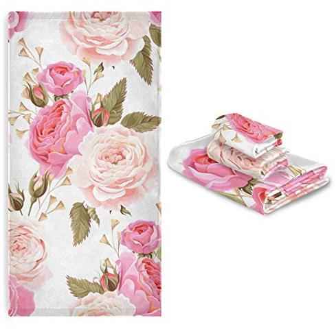 susiyo 3-teiliges Badetuch-Set, weiche, sehr saugfähige Badetücher, schöne rosa Rosen, Badetücher, modischer Druck, dekorative Handtücher (3er-Set, 1 Badetuch, 1 Handtuch und 1 Waschlappen)