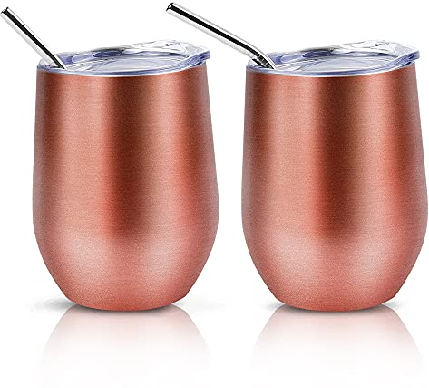 QUTHZZHY 2 Stück Weinbecher Edelstahl, 12 OZ Weinbecher mit Deckel, Geschenk für Vatertag, Weinbecher To Go mit Strohhalm, Doppelwandig Weinglas, für Wein Kaffee Champagner Cocktails Heißgetränke
