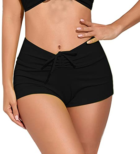 Meioro Shorts de Natación con Cordón para Mujer, Color Sólido Bikini de Cintura Alta, Pantalones Cortos Deportivos para Surf y Baño
