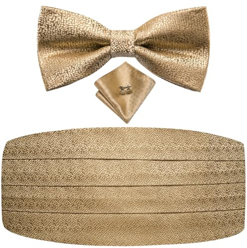 Dubulle Mens Paisley Floral Cummerbund and Bowtie Silk Pretied Bow Ties for Men Handkercheif Cufflinsk Set,Dark Gold