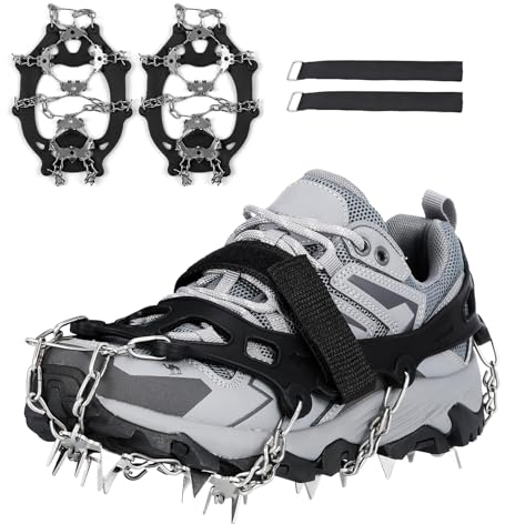 Doorslay 32 Zähne Steigeisen, Edelstahl Schuhkrallen für Bergschuhe, Anti-Rutsch Schuhspikes für Mann Frau für Winter Walking Wandern Bergsteigen