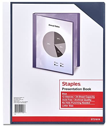 Staples Letter‑Size Clear Cover Presentation Book, Blue, 12‑Sleeve Document Display, Professional Report Organizer, 3‑Pack