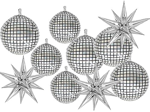 Alta gama globo de bola de discoteca 4d set, 4 globos disco inflables 22 pulgadas, 3 globos disco lámina 18 pulgadas y 3 decoraciones globos estrella plata para bodas y solteros discoteca 70s80s90s