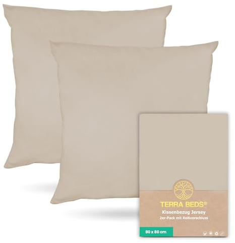 Terra Beds Kissenbezug 80x80 Baumwolle Jersey 160 g/m² - Kopfkissenbezug 80x80 2er-Set mit Reißverschluss, dehnbarem gestricktem Stoff, atmungsaktiv - (Beige)