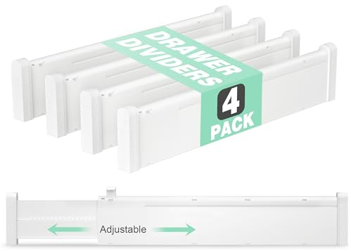 FUNIZE Divisores de cajones expandibles, paquete de 4 unidades, 2.36 pulgadas de alto, 12.6-22.8 pulgadas, organizadores de cajones para utensilios, ropa, divisor de cajones de cocina, separadores de