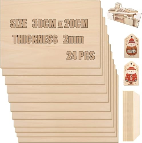 KAHEIGN 24 Pièces Feuilles de Bois de Balsa, 300 x 200 x 2mm Feuilles de Contreplaqué Non Finies Panneau de Tilleul Lisse pour Maison Décoration, Bricolage Projets, Modèle en Bois, Peinture et Gravure