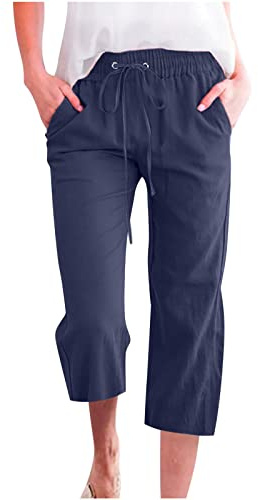 Yanhalo Pantacourt d'été décontracté 2024 avec cordon de serrage, taille haute, élastique, en lin, jambe droite, capris de détente pour femme, bleu marine, 38