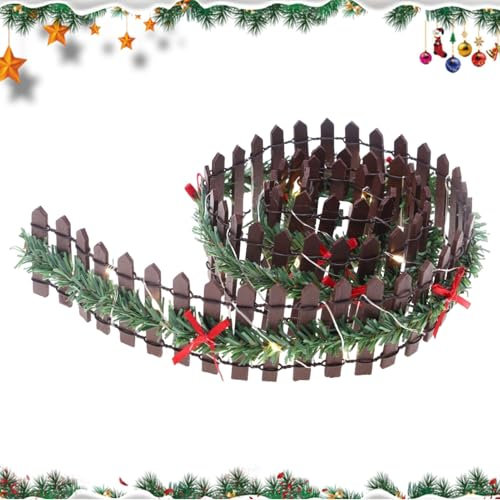 Xvilmaun Clôture miniature pour village de Noël - Clôture à lattes pour sapin de Noël - Clôture de jardin - Décoration de fête avec lumière LED - Accessoires de jardin féérique en bois pour -