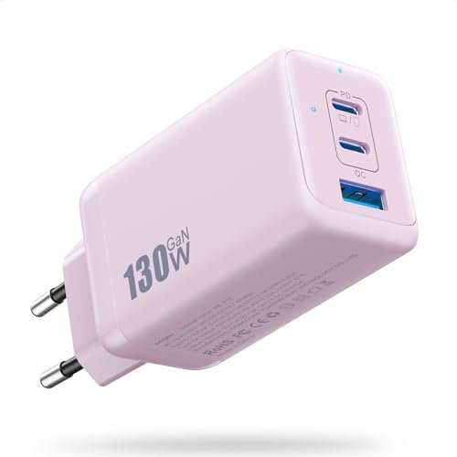 130W Cargador USB C, 3 Puertos GAN III Tech Enchufe Cargador Tipo C, 65W PD+QC Carga Rapida Cargador Portatil USB Adaptador para MacBook Pro/Air, iPad, iPhone16/15, Galaxy S24, DELL XPS (Rosa)