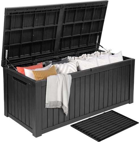 DWVO 180 Gallon XL Deck Box with Divider & Lockable Lid, Waterproof Resin Outdoor Storage for Patio, Garden, Poolside, Cushions, Supplies & Sports Gear, Black