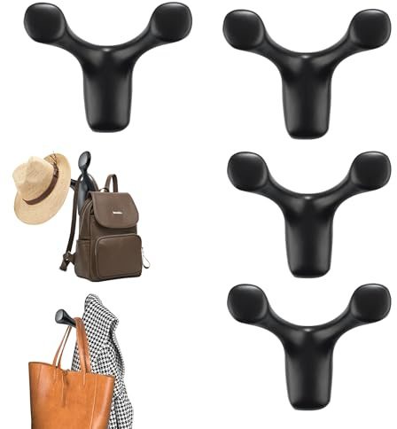 Mooche 4Pcs Coat Hooks Heavy Duty Double Prong, Zinc Alloy 78×60MM Hooks | Wall Mounted Black Coat Hooks, for Wall, Used for Jackets, Scarves, Bags, Towels, Keys, Hats, Cups