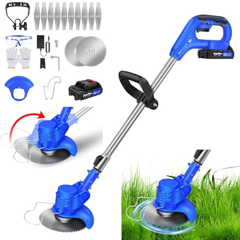 21V Desbrozadora Electrica con Batería, 12 Cuchillas, Retráctil Cortacésped Eléctrico, Cortabordes Eléctrico Inalámbrico a Batería, Mango Ajustable, Tubo Telescópico, para Recortar Césped y Arbustos