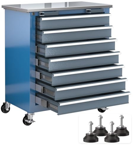 LARBANKE Gabinete de Herramientas de 7 cajones,armario de herramientas con ruedas bloqueables de 360° y acolchadas,caja de herramientas con sistema de bloqueo con llave,se Puede Combinar con 5 Cajones