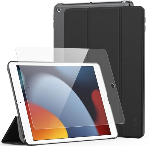CACOE Hülle für iPad 9. / 8. / 7. Generation 10.2 Zoll Modell 2021/2020 / 2019 mit Schutzfolie 9H Härte Ultra Dünn mit Standfunktion Slim PU Leder Smart Schutzhülle, Schwarz