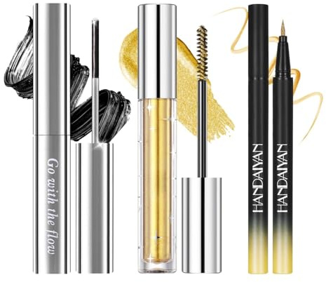 Prreal 3PCS Mascaras & Eyeliner Set,Metal Mascara Black,Glitter Mascara, Liquid Metallic Eyeliner,Super Curling Volumizing Diamond for Eyelashes,Waterproof, for Daily Party Festival Eye Makeup, Gold
