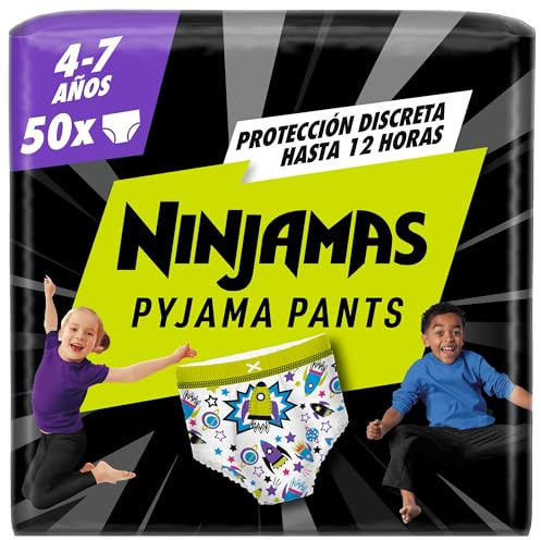 Dodot Pañal-Braguita Ninjamas, Talla 4-7 años (17-30 kg), 50 pañales tipo braguita, pañal noche con Naves espaciales, Protección Antifugas durante Toda La Noche