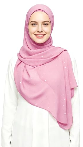 Lina & Lily Hijab Pañuelo Mujer Musulmana con Brillos Dorados Tela de Chifón Premium 72 x 190cm (Rosa)