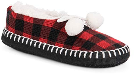 Muk Luks Women's Pom Ballerina Slippers Sockshosiery, Red/black, Small/Medium