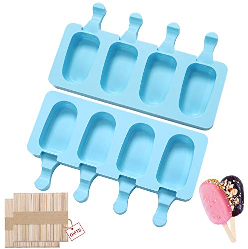 Eisformen eis am stiel silikon stieleisformen-Popsicle Form Eiscreme formen-Cake Pop Ice Lolly Mould Eis Selber Machen Dessertform Eisförmchen Eislutscher Eis Sticks100 Stück Holzstäbchen(Blau-2Stück)