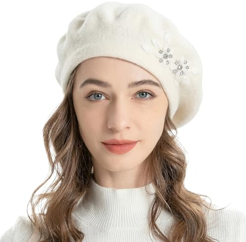 ZLYC Womens French Beret hat, Reversible Solid Color Mosaic Warm Beret Cap for Girls (Flowers White)