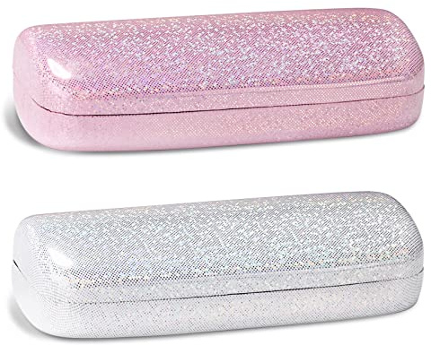 molshine 2 delar Glitter Hard Shell Glasögonfodral,Portable Dazzling Glasögonfodral för män Kvinnor Män Tjej Resor Studiearbete (Vit & Rosa)