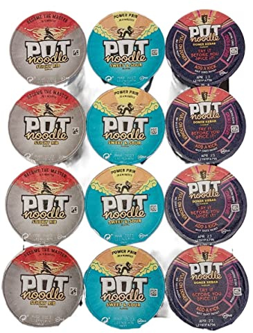 Pot Noodles Friday Nite Selection Pack 3 Varieties 4 of each Flavour. 12 Great, Quick Snacks for On The Go meals. Sticky Rib, Sweet & Sour, NEW Doner Kebab