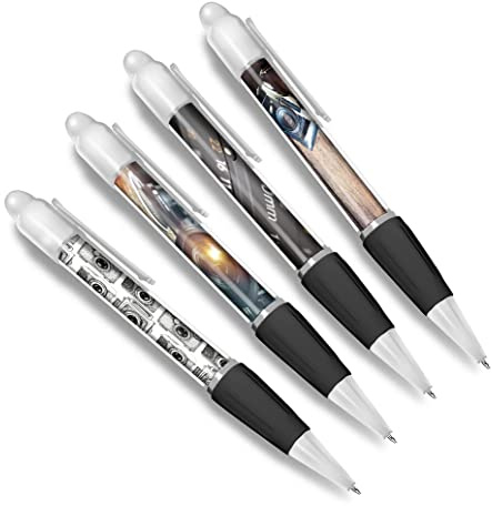DV DESIGN Lot de 4 stylos à bille blancs pour appareil photo - Objectif de film photographique - Produit de vidéographie Hobby - Pour garçons et filles - Stylo à thème #79397