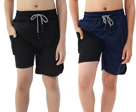 IRELIA 2 Pack Boys 2 in 1 Running Shorts Kids Box Brief Liner Compression Active Sports Shorts BN 10-12 Black/Navy