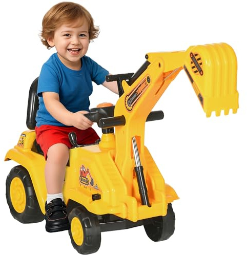 HOMCOM Ride On Tractor, 2 in 1 Kids Ride On Digger Pull Cart with Bucket, Under Seat Storage, Horn, High Backrest, Ride On Toy for 1.5-4 Years, Yellow
