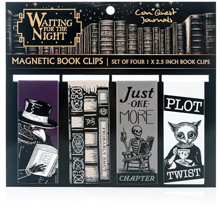 Conquest Journals Waiting for The Night Magnetic Bookmarks, Set of 4, Bookish-Themed & Gothic-Inspired Page Clips, Sturdy Cardstock Book Markers with Strong Magnets, 1'' x 2.5''