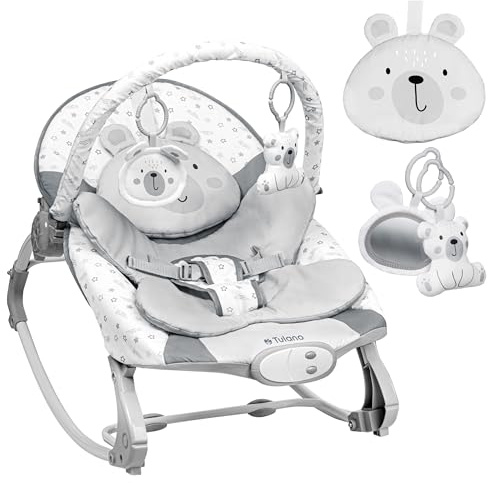 TULANO Cloe 35 | Babywippe 2 Modi | Schaukel & Liege | 8 Melodien | 3 Vibrationsstufen | Verstellbar | Spielbogen | EN 12790:2023 | Grau Tragen