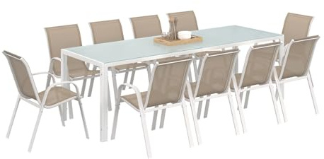 IDMarket - Salon de Jardin Madrid Table 240 cm et 10 chaises empilables | Coloris blanc et beige taupe