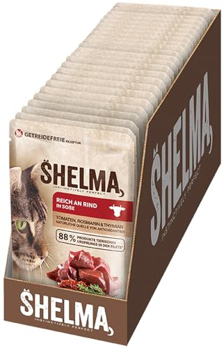 Shelma Katzen-Nassfutter mit Rind in Sauce mit Tomaten und Kräutern – Getreidefreies Alleinfuttermittel mit hohem Fleischanteil – 28 x 85 g (2,38 kg)