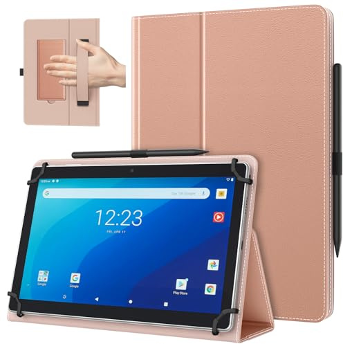 TiMOVO Custodia Universale per Tablet Android 10,1 Pollici con Anello per Penna, Cover Leggera e Pieghevole in Piedi con Cinghia a Mano per Tutti i Tablet Touchscreen da 9,6-11 Pollici, Oro Rosa