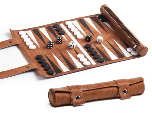 Nzkeuf Backgammon da Viaggio, Set Backgammon in Vera Pelle con Pedine e Dadi, Gioco da Viaggio da Arrotolare per Adulti Adolescenti, Alta qualità