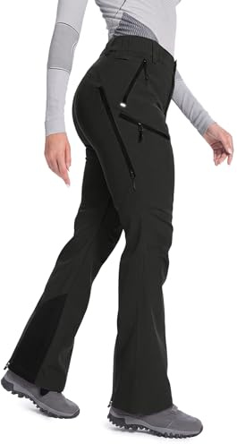 Moosehill Women's Snow Ski Pants: Fleece lined Waterproof Insulated Softshell Thermal Warm for Winter Snowboarding Outdoor Hiking with 4 Zippered Pockets (Black, 12)