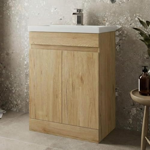 Artis® Centro 600mm Bathroom Vanity Unit Ceramic Basin Sink, Cloakroom Storage Furniture Cabinet, Floorstanding Cupboard Soft Close Doors, Oak