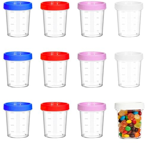 JIUCHAOTONG 12 Pcs Small Food Containers with Lids, 120ml Liquid Measuring Cups, Snack Pots Containers, Stackable Airtight Food Storage Jars, for Snack, Yoghurt and Fridge, Pink, White, Blue, Red
