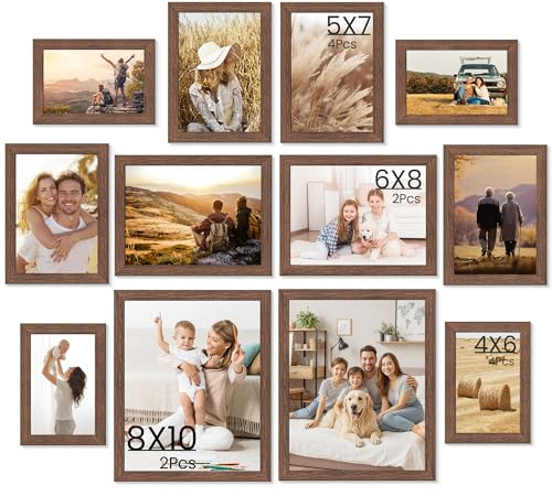 KovaScape Set of 12 Walnut Color Picture Frames, Eco-Friendly WPC Matte Wood Grain Photo Collage Frame Set for Wall Decor & Tabletop, 4x6 5x7 6x8 8x10, Shatterproof Acrylic, Child & Pet Safe
