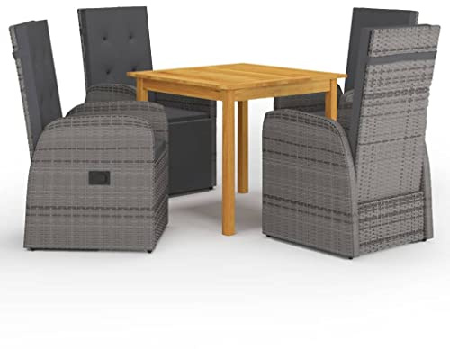 RMIHSJG 5 pezzi Gruppo da giardino grigio in legno di acacia con sedie in rattan PE e cuscini imbottiti per terrazza e balcone, tavolo da pranzo all'aperto con schienale regolabile,
