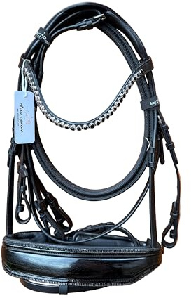 Leather Snaffle Show Bridle Patent Wide Noseband Black Diamante Browband with Rubber Reins (Full)