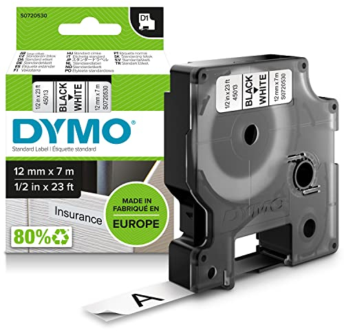 DYMO Original D1-Etikettenband | schwarz auf weiß | 12 mm x 7 m | selbstklebendes Schriftband| für LabelManager-Beschriftungsgerät