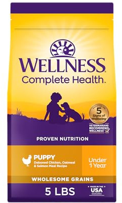 Wellness Complete Health Puppy Dry Dog Food, Wholesome Grains, Natural, Chicken, Oatmeal, & Salmon Recipe, (5-Pound Bag)