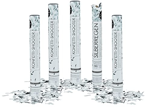 Relaxdays 5 x Party Popper 40 cm im Konfettikanonen Set, Konfetti Bombe für Hochzeit und Geburtstag, Konfetti Shooter 6-8 m Effekthöhe, Silber metallic