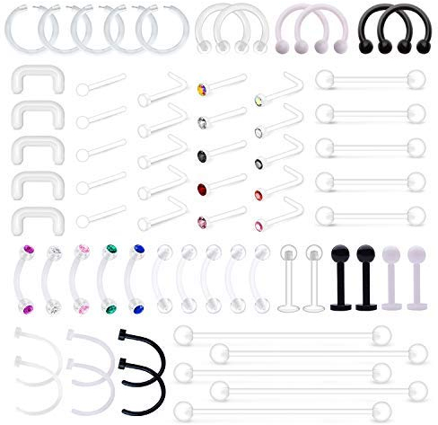 D.Bella Klar Lippen Ohr Nase Septum Augenbraue Zunge Piercing Halter Durchsichtige Körperschmuck Piercing Retainers Mix Stile Multizweck Hufeisen Industrial Barbell Plastik Kit