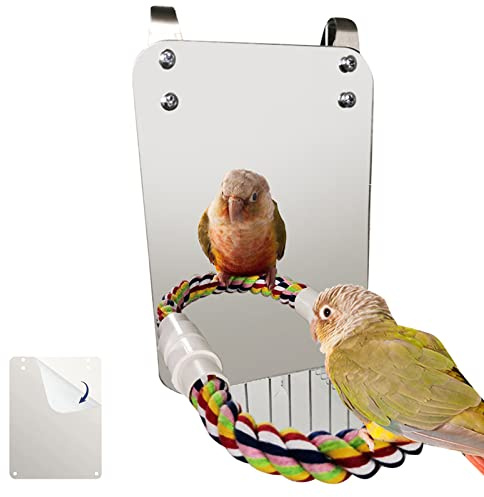 Haokaini Oiseau Miroir Jouet avec Corde Perche Perroquet Morsure Jouet avec Grand Miroir Perroquet Griffe Cage à Oiseaux Perchoirs Miroir à Mâcher Jouet pour Perruche Perruche Cockatiels